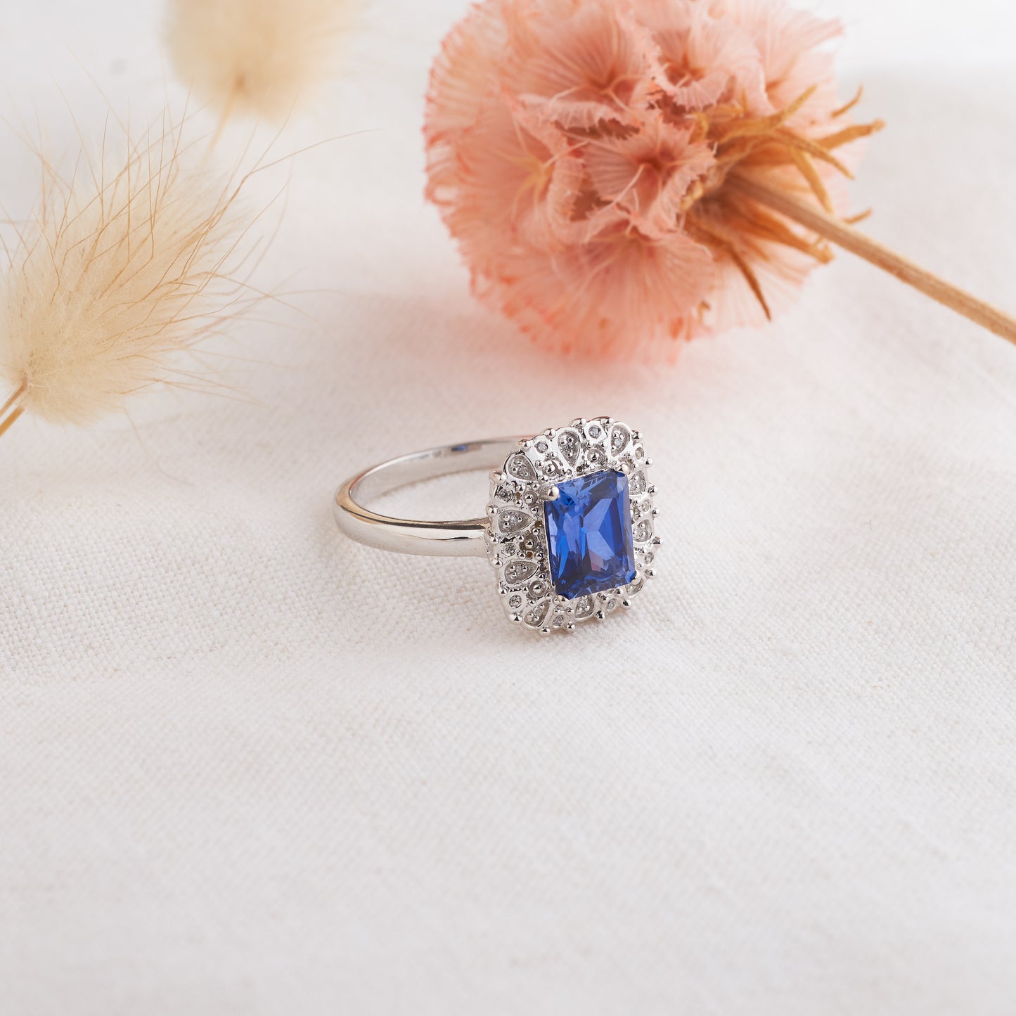 Sterling Silver Created Ceylon Sapphire and Zirconia Halo Ring