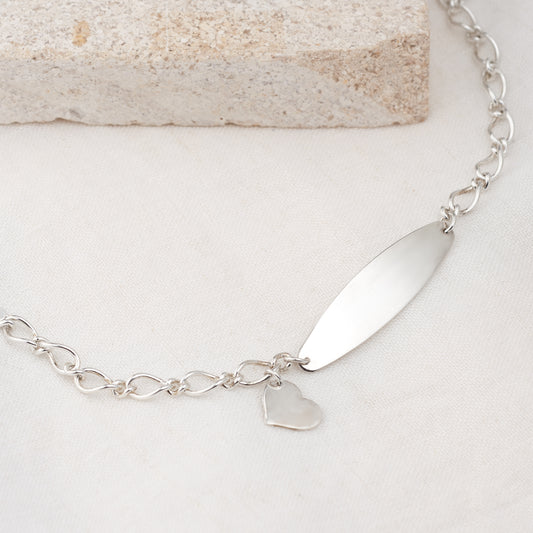 Sterling Silver Figaro ID Bracelet with Heart Charm 19cm