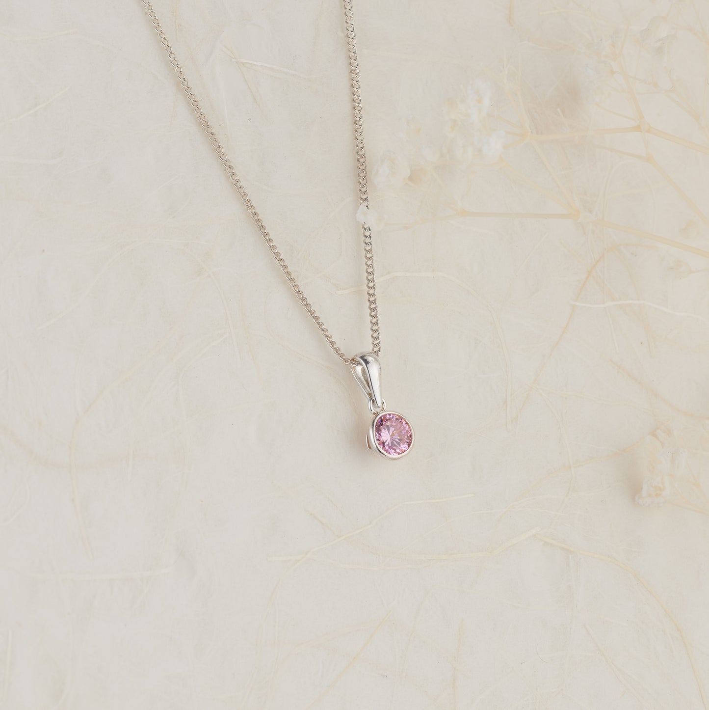 Sterling Silver Round Pink Zirconia Bezel Set Pendant – October Birthstone