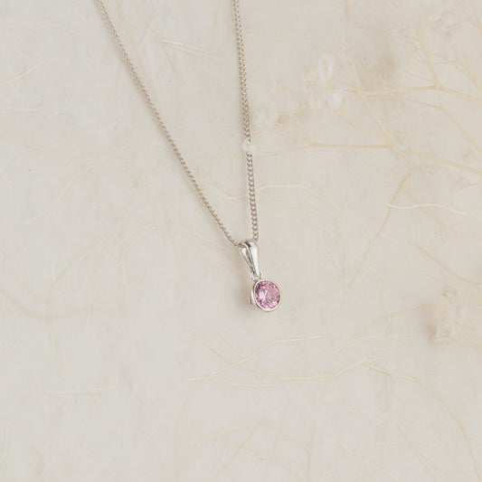 Sterling Silver Round Pink Zirconia Bezel Set Pendant – October Birthstone