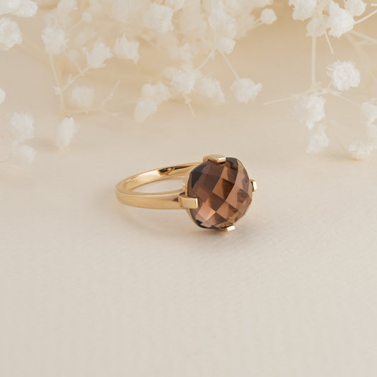 9K Yellow Gold Cushion Smoky Quartz Cocktail Ring