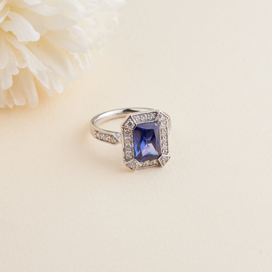 Sterling Silver Purple Zirconia Art Deco Inspired Halo Cocktail Ring