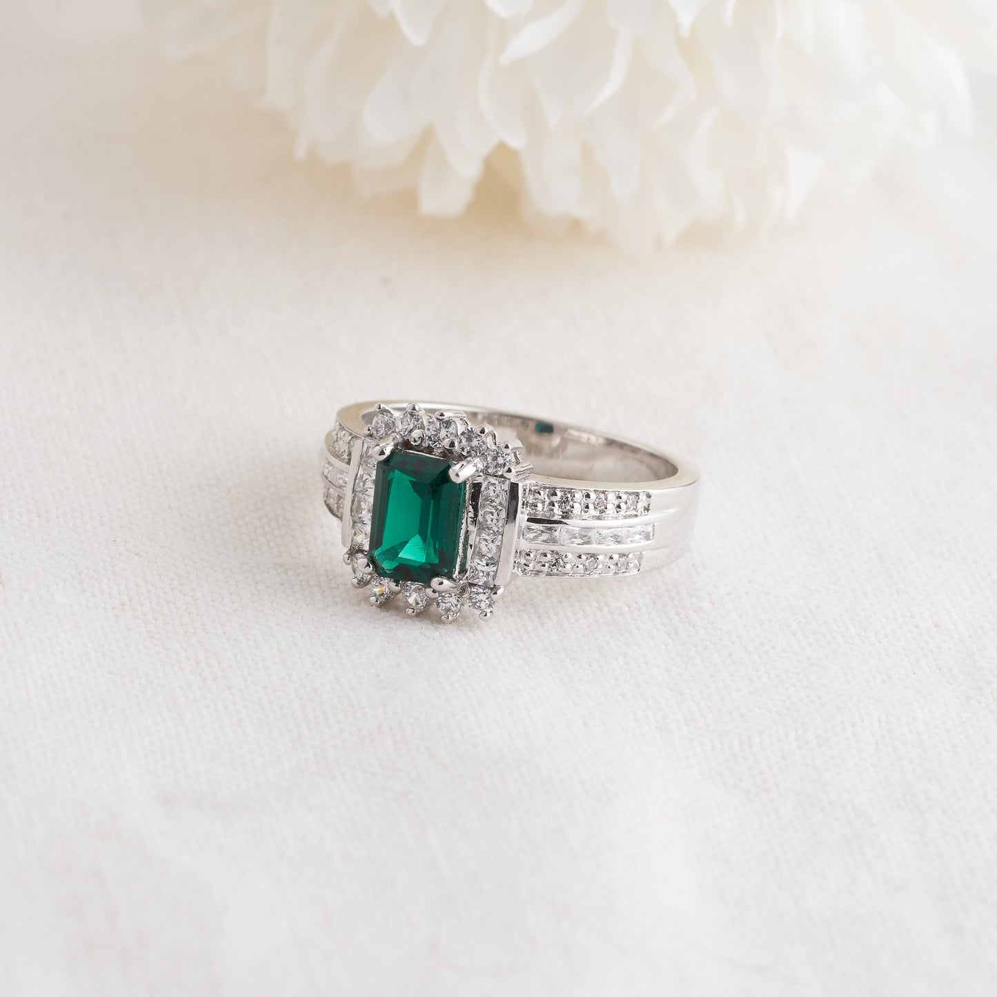 Sterling Silver Emerald Cut Green and White Zirconia Halo Ring