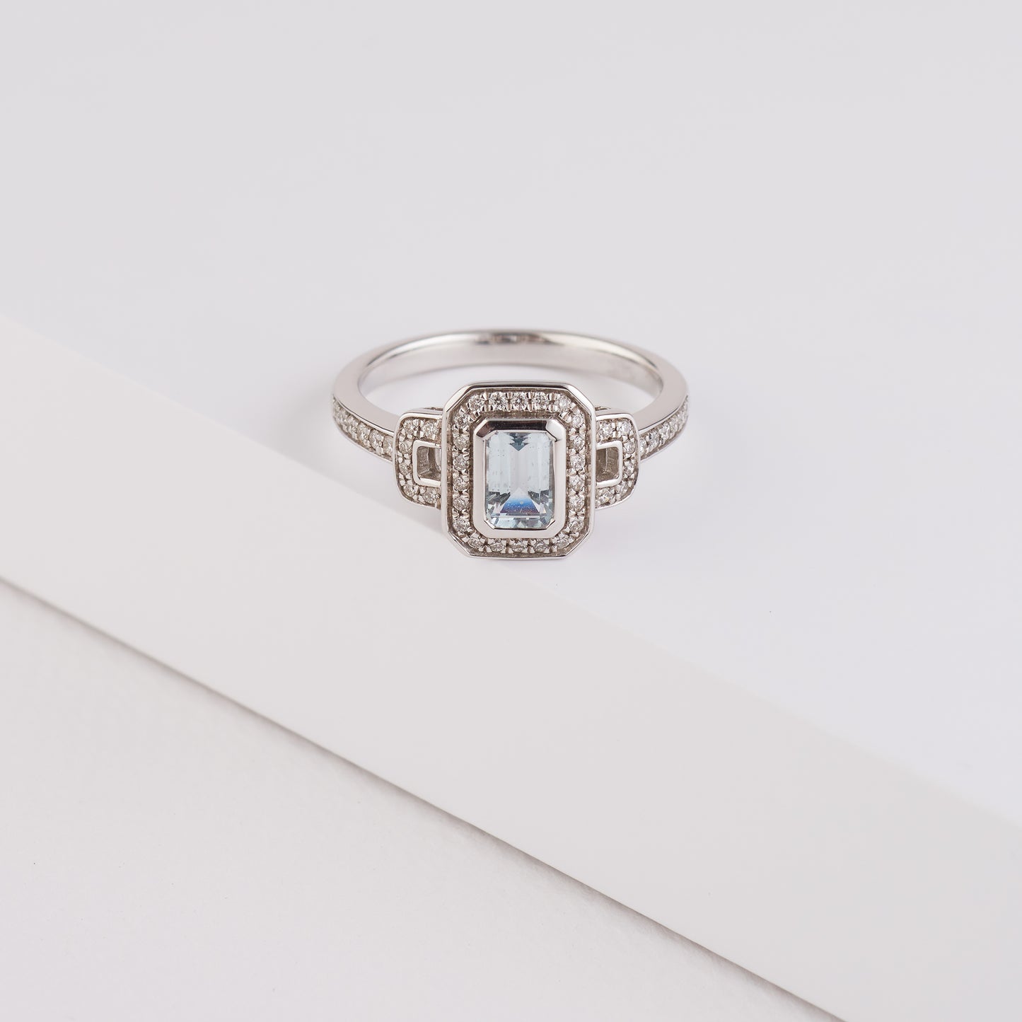 9K White Gold Art Deco Aquamarine and Diamond Dress Ring 0.25tdw
