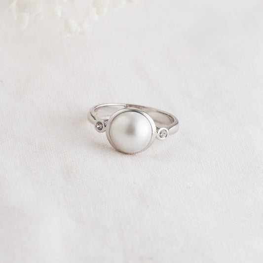 Sterling Silver Mabe Freshwater Pearl and Zirconia Ring