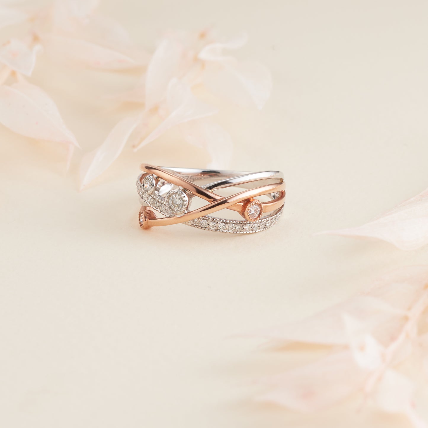 9K Rose and White Gold Scattered Diamond Woven Dress Ring 0.25tdw