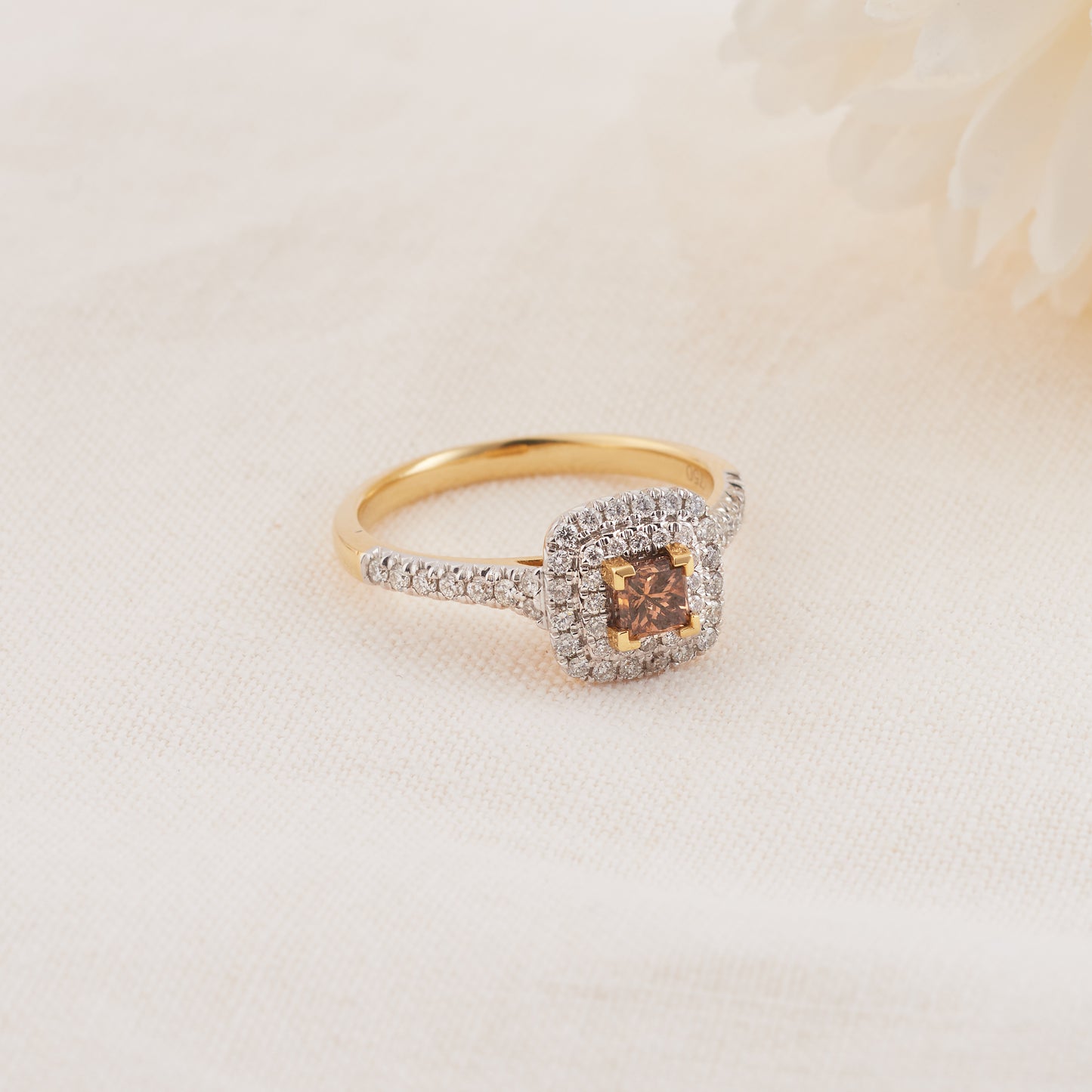18K Yellow Gold Cognac Diamond Double Halo Engagement Ring 0.9tdw