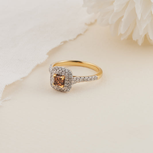 18K Yellow Gold Cognac Diamond Double Halo Engagement Ring 0.9tdw