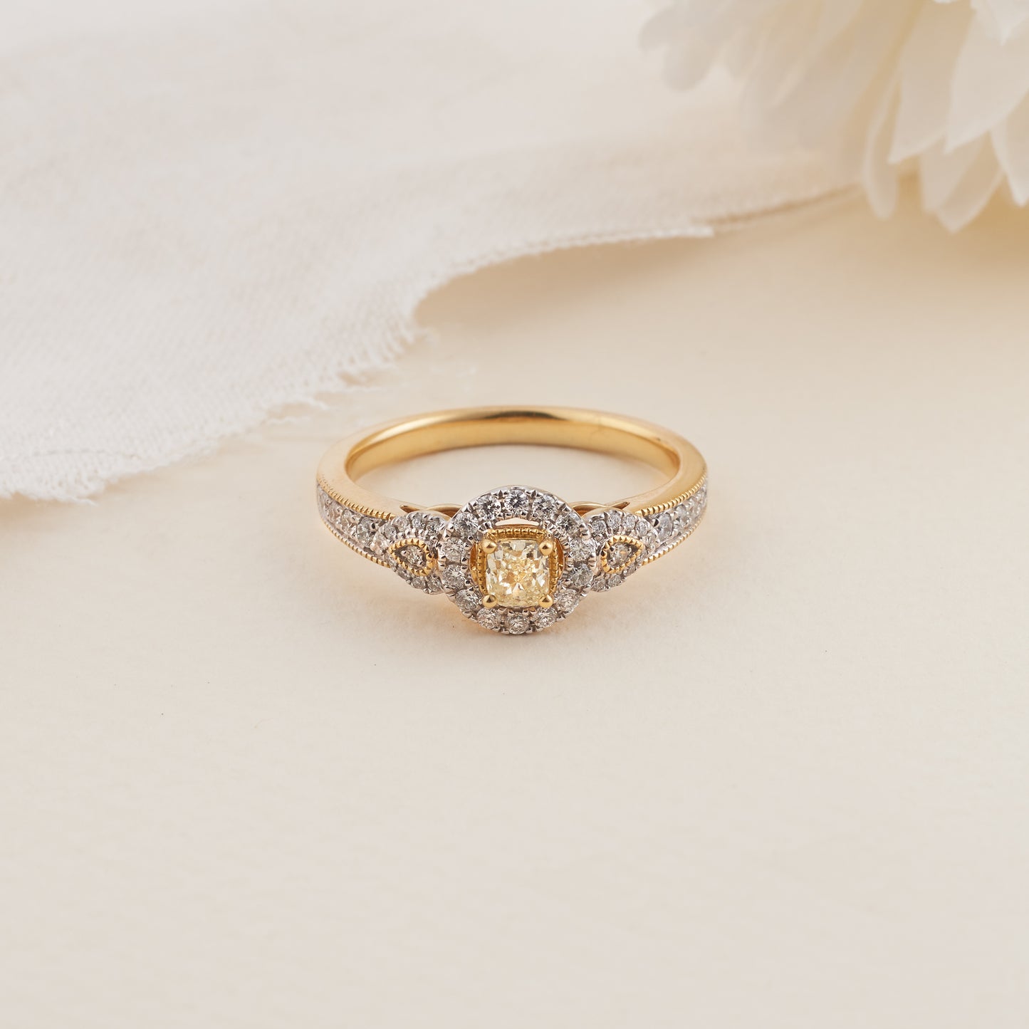 18K Yellow Gold Pale Yellow Diamond Halo Vintage Inspired Engagement Ring 0.6tdw