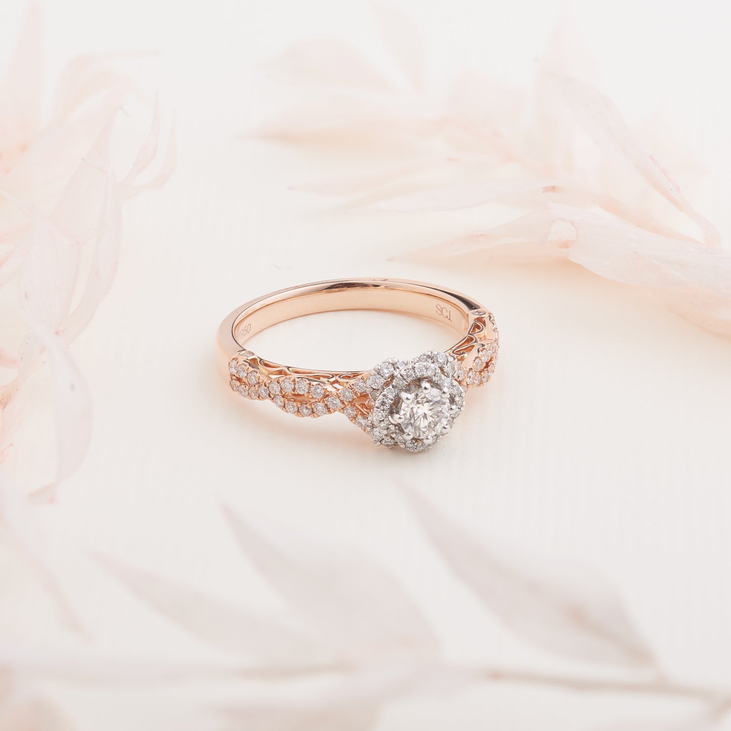14K Rose Gold and Platinum Round Brilliant Diamond Flower Halo Engagement Ring 0.87tdw