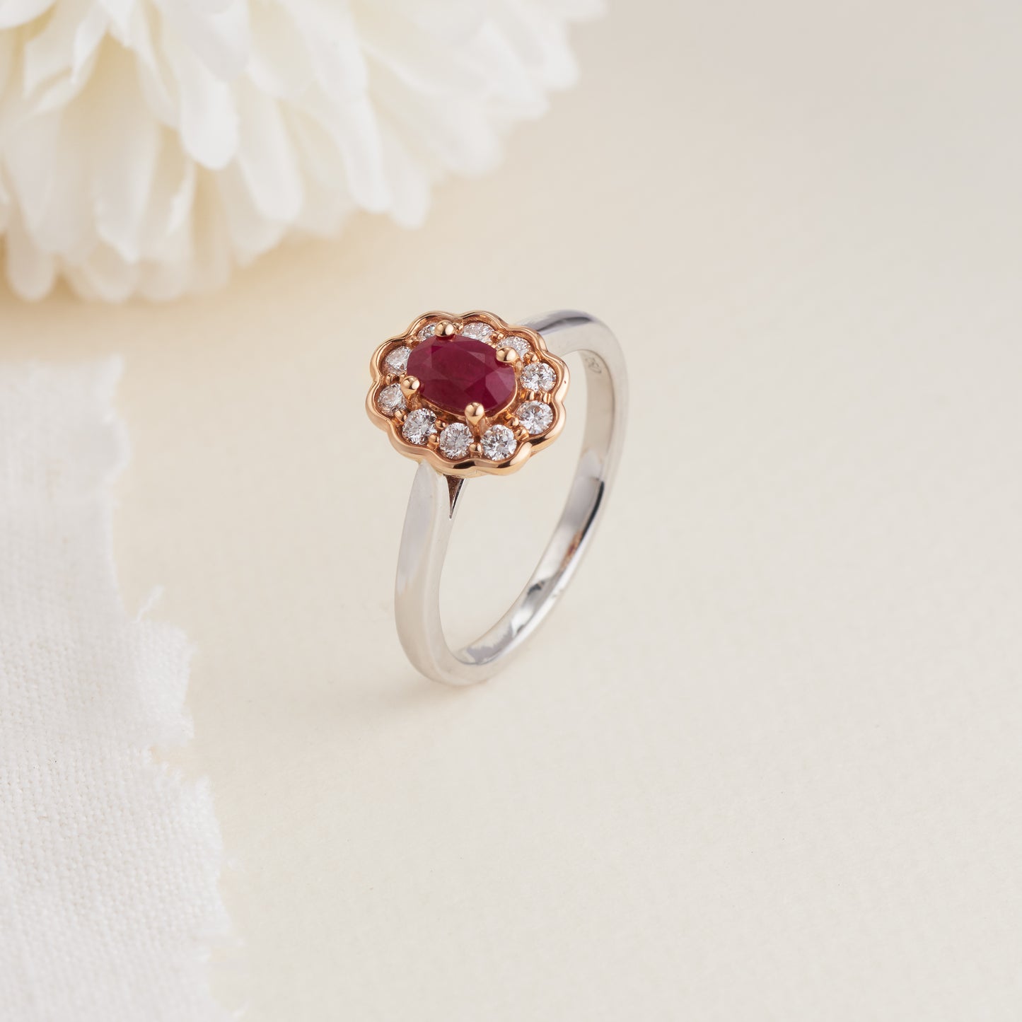 18K White and Rose Gold Oval Natural Ruby Diamond Halo Ring 0.27tdw