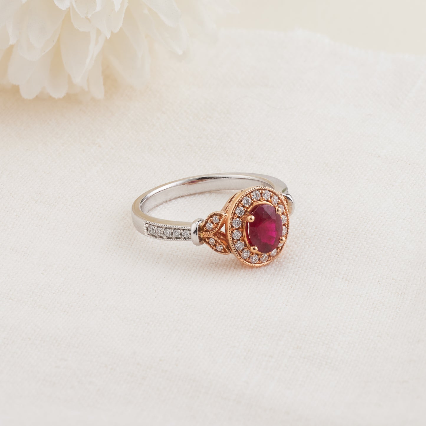 18K White and Rose Gold Oval Ruby Diamond Halo Vintage Inspired Ring 0.25tdw