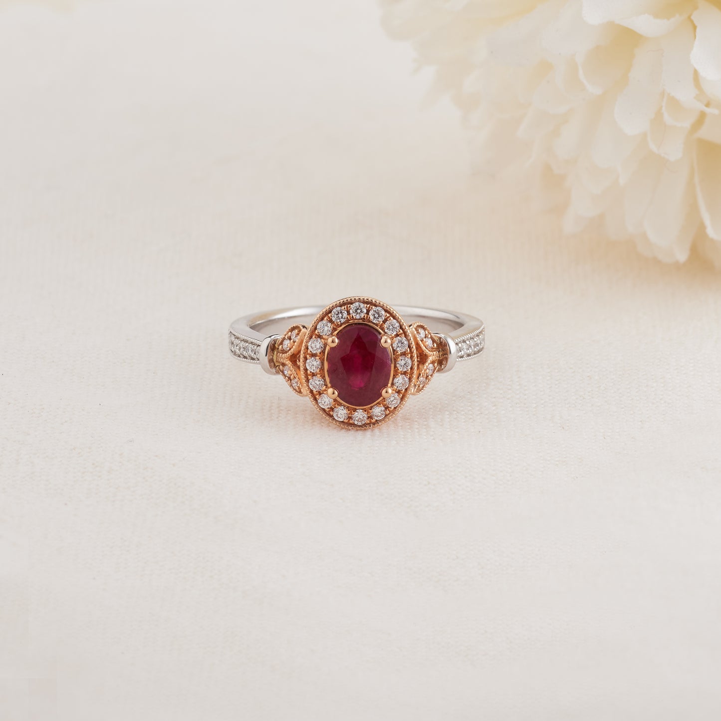 18K White and Rose Gold Oval Ruby Diamond Halo Vintage Inspired Ring 0.25tdw