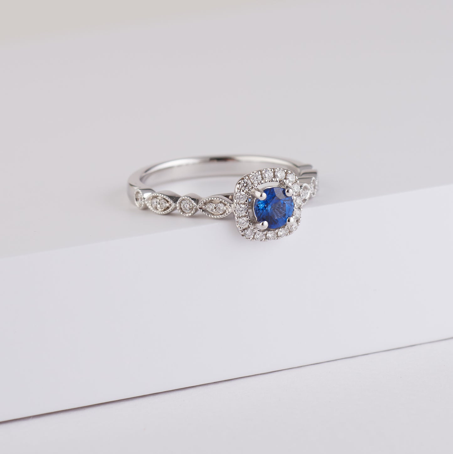 18K White Gold Ceylon Sapphire Diamond Halo Vintage Inspired Ring 0.2tdw