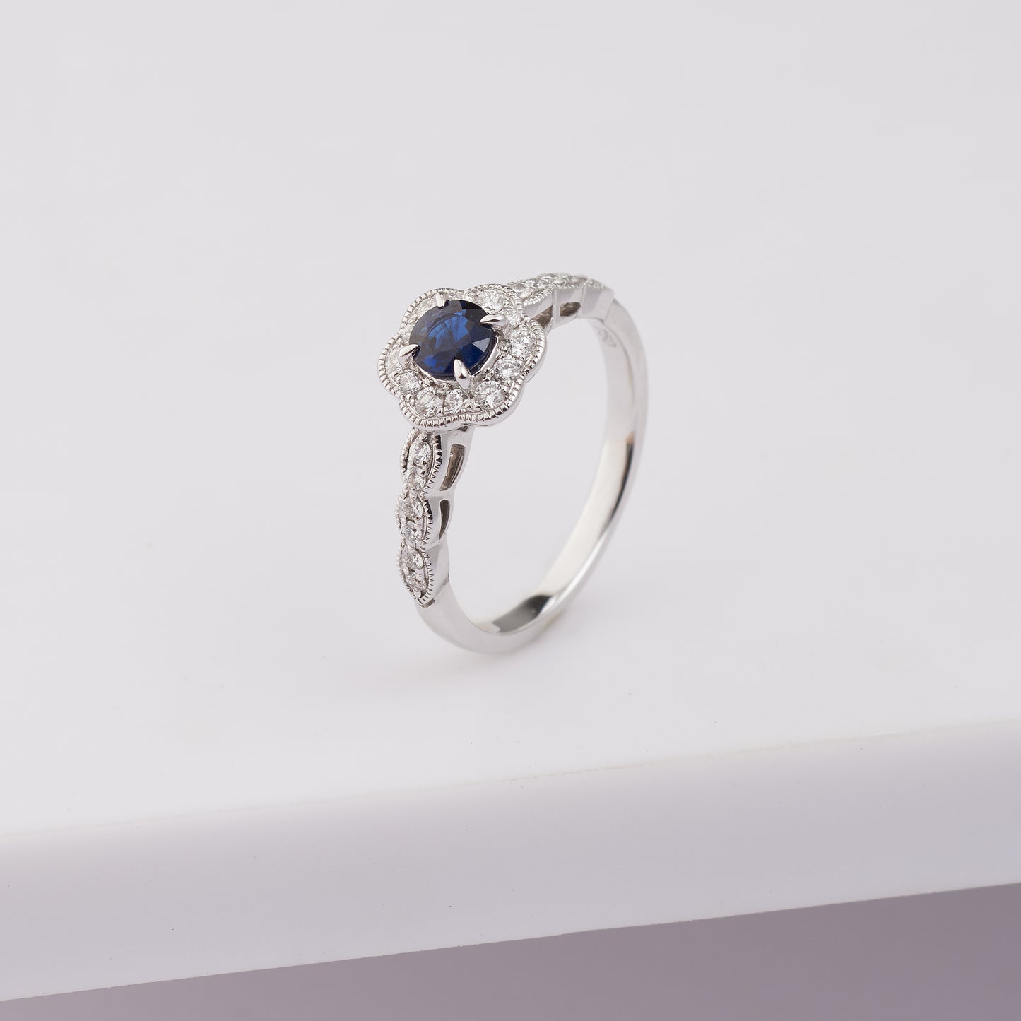 18k White Gold 4.6mm Sapphire and Diamond Scalloped Halo Ring