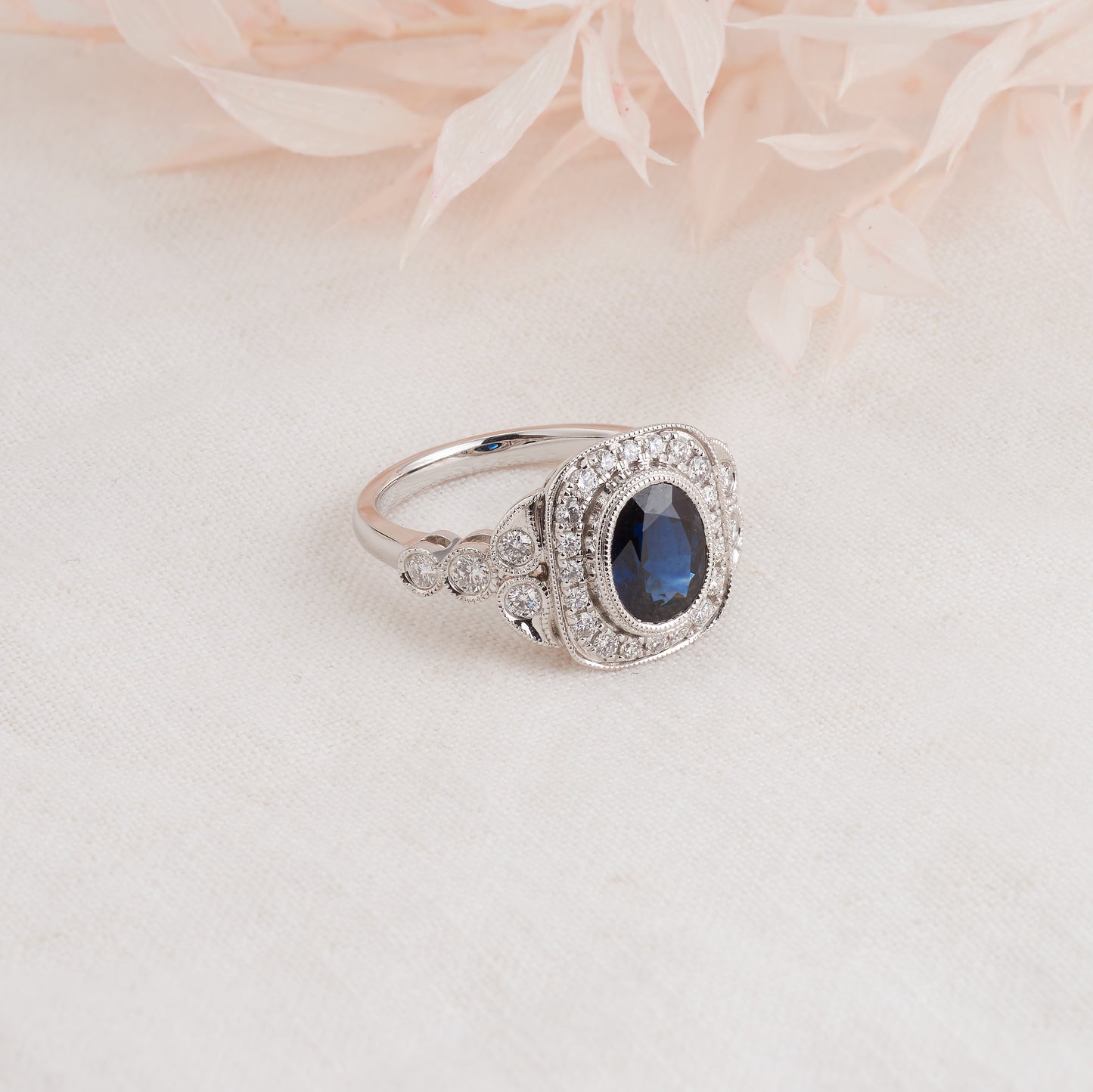 18K White Gold Oval Sapphire Diamond Halo Vintage Inspired Ring 0.6tdw