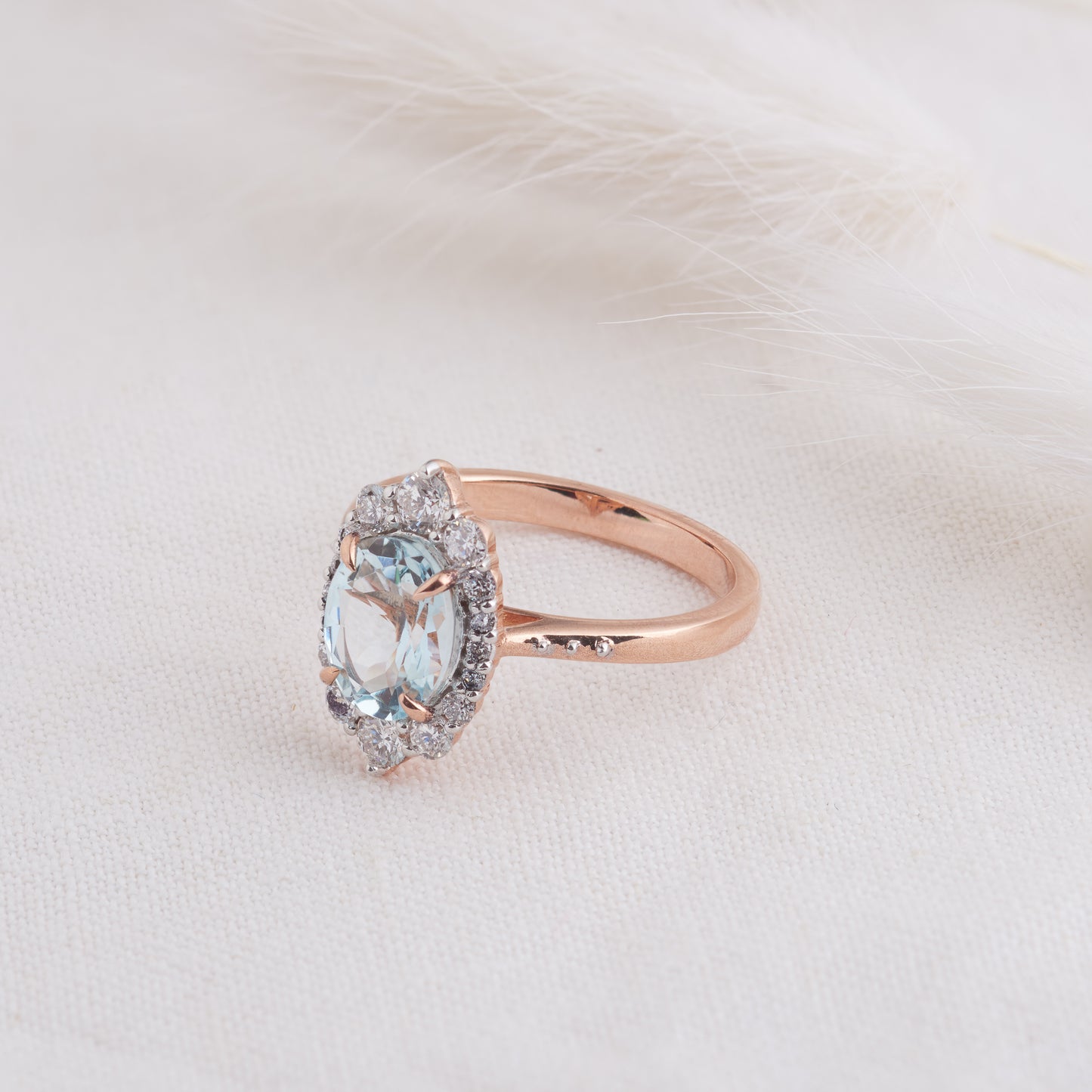 9K Rose Gold Oval Aquamarine and Diamond Graduated Halo Engagement Ring 0.5tdw
