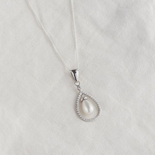 Sterling Silver Shell Pearl and Zirconia Teardrop Pendant