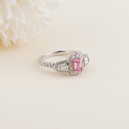 18K White and Rose Gold Pink Sapphire Diamond Vintage Inspired Trilogy Ring 0.85tdw