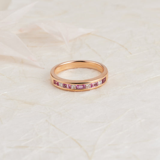 18K Rose Gold Baguette Pink Sapphire and Princess Cut Diamond Wedder or Eternity Ring 0.2tdw
