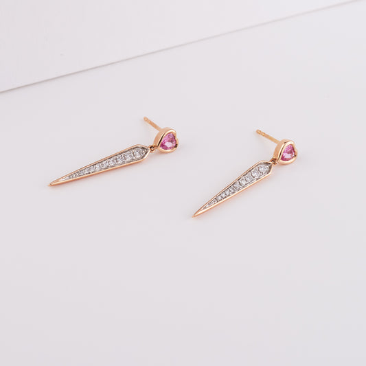 18K Rose Gold Pink Heart Sapphire and Diamond Drop Earrings