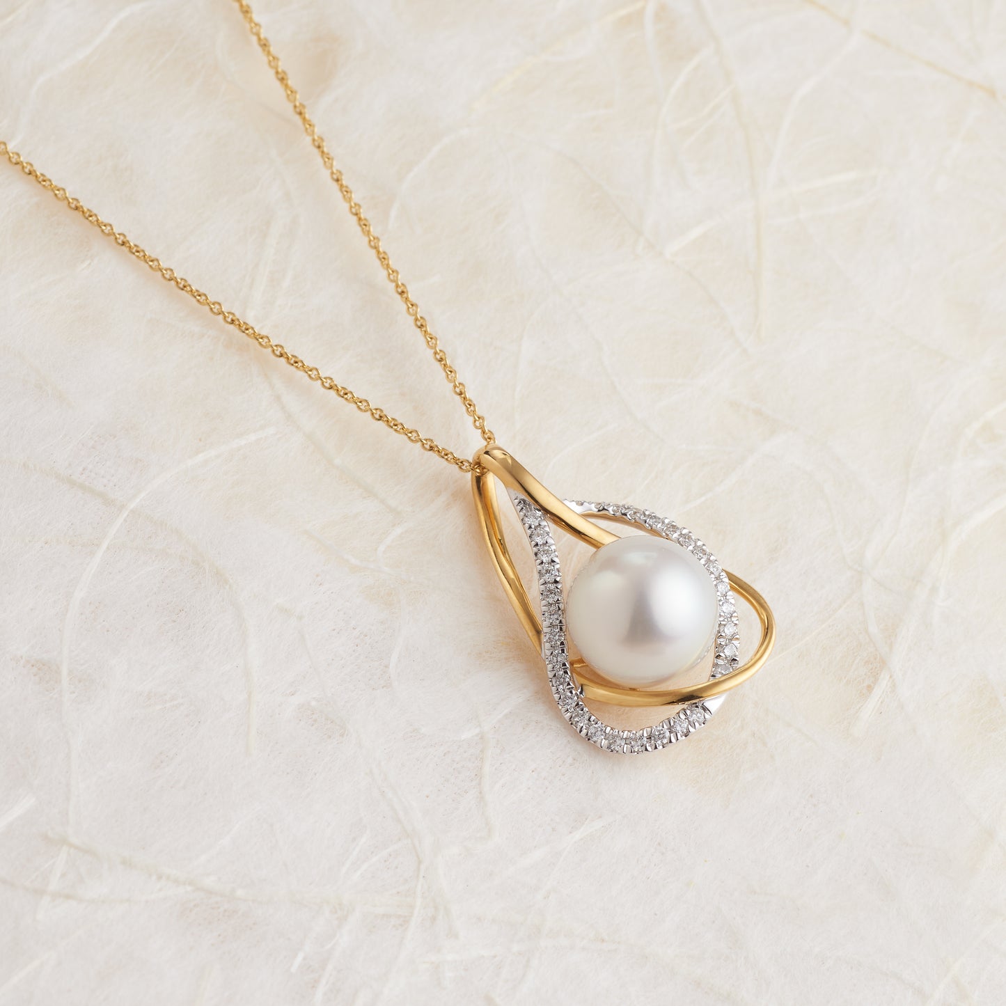 18K Yellow Gold South Sea Pearl and Diamond Woven Teardrop Necklace