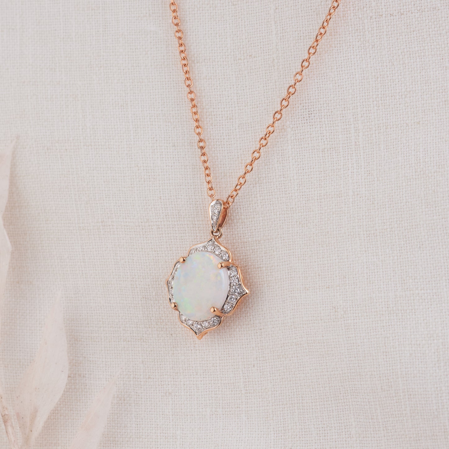 18K Rose Gold White Opal Diamond Halo Vintage Inspired Pendant 0.2tdw