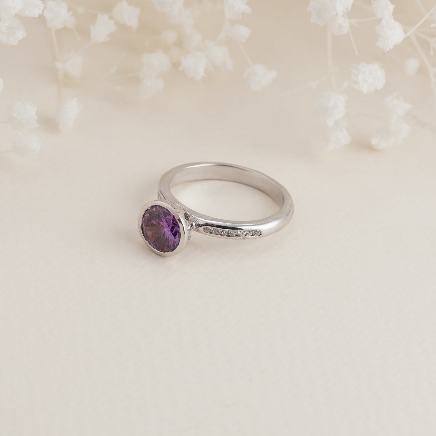 Sterling Silver Purple and White Zirconia Bezel Ring