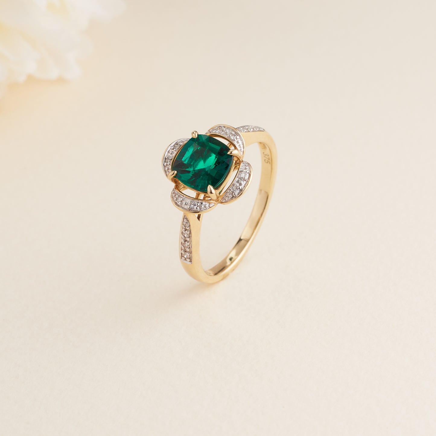 9K Yellow Gold Cushion Created Emerald Diamond Halo Ring