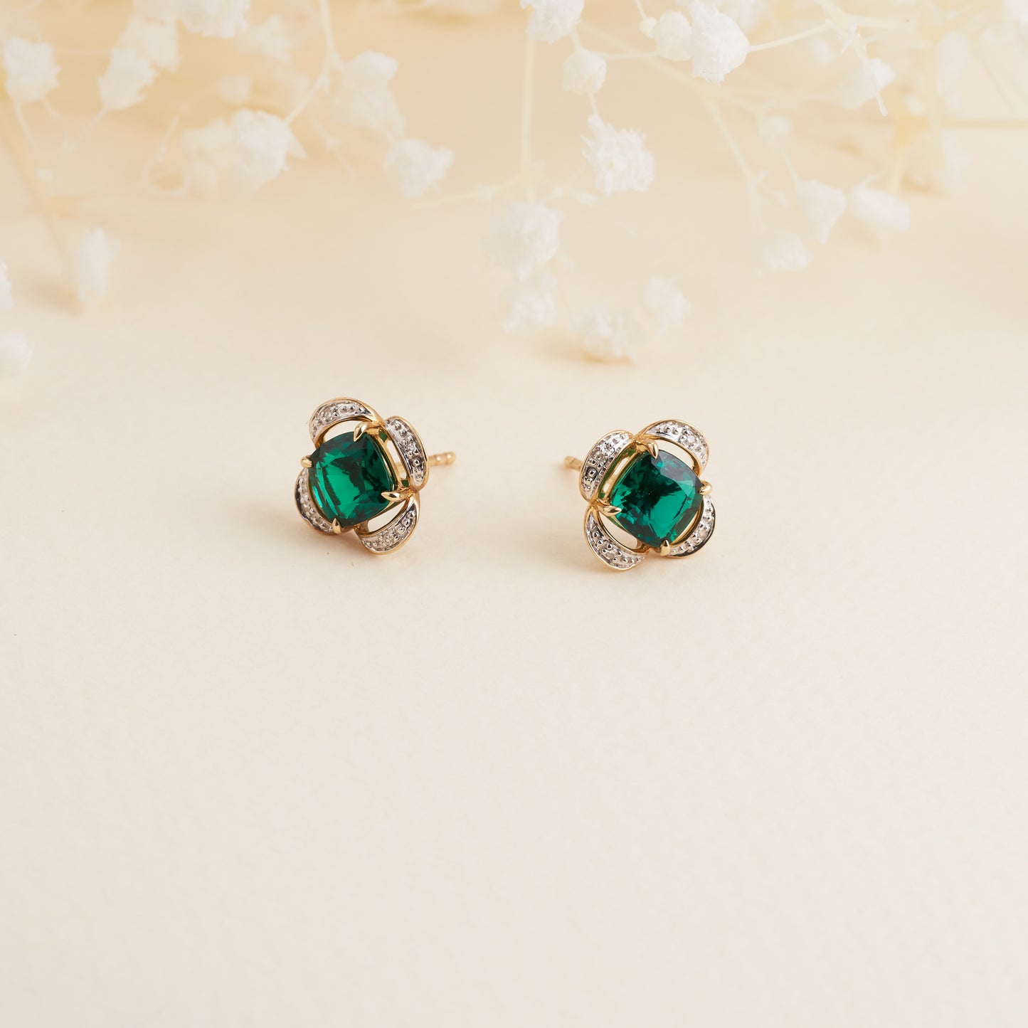 9K Yellow Gold Emerald Diamond Petal Halo Stud Earrings