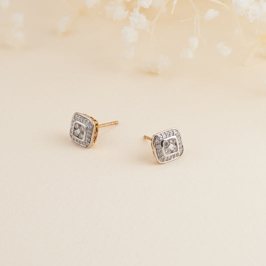 9K Yellow Gold Diamond Square Cluster Halo Stud Earrings