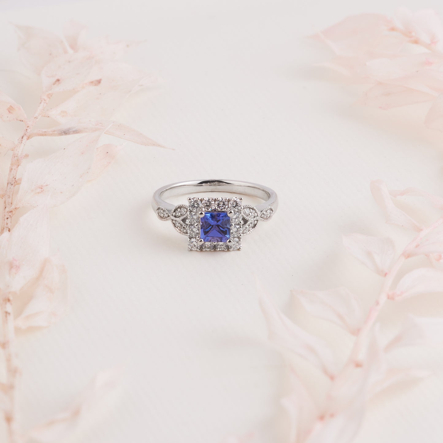 18K White Gold Princess Cut Tanzanite Diamond Halo Vintage Inspired Ring 0.5tdw