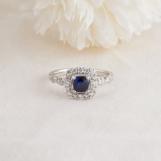 18K White Gold Ceylon Sapphire Diamond Halo Vintage Inspired Ring 0.46tdw