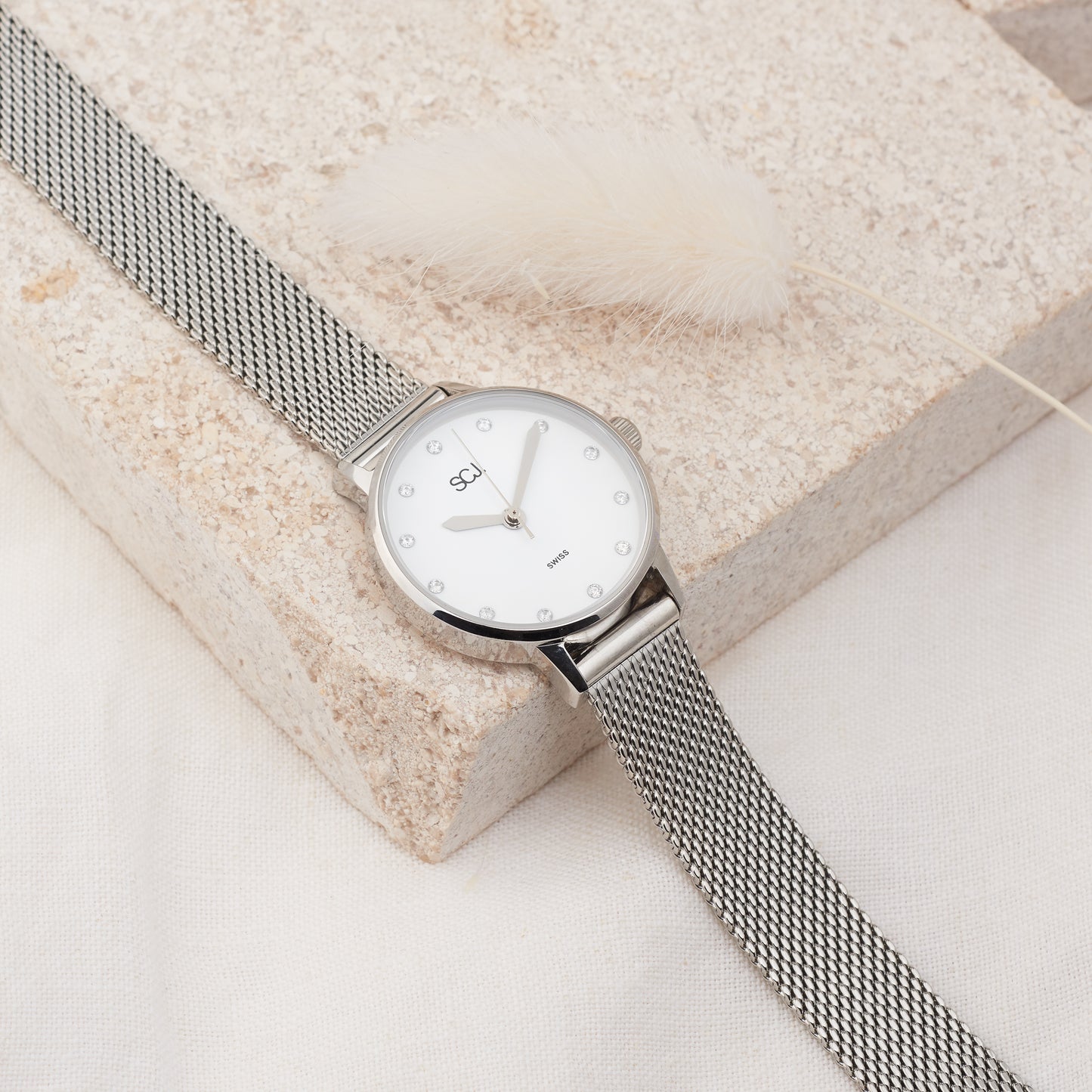 Stainless Steel Mesh Band Diamond Watch 0.14tdw