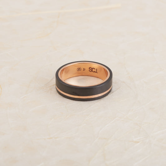 9K Rose Gold and Black Zirconium Offset Groove Flat Ring 6mm