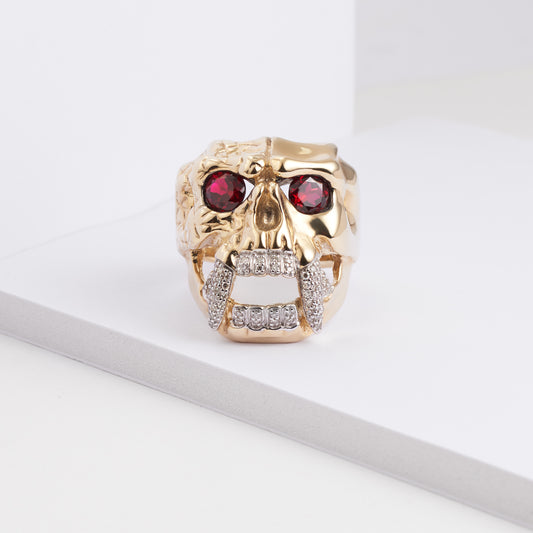 9K Yellow Gold Ruby and Diamond Skull Ring 0.3tdw