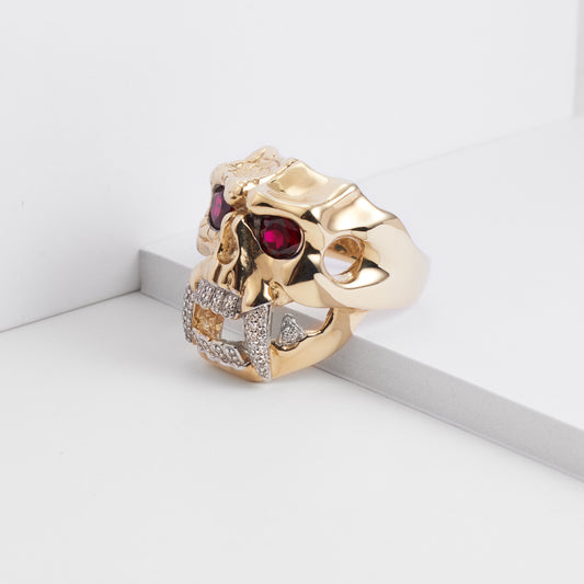 9K Yellow Gold Ruby and Diamond Skull Ring 0.3tdw