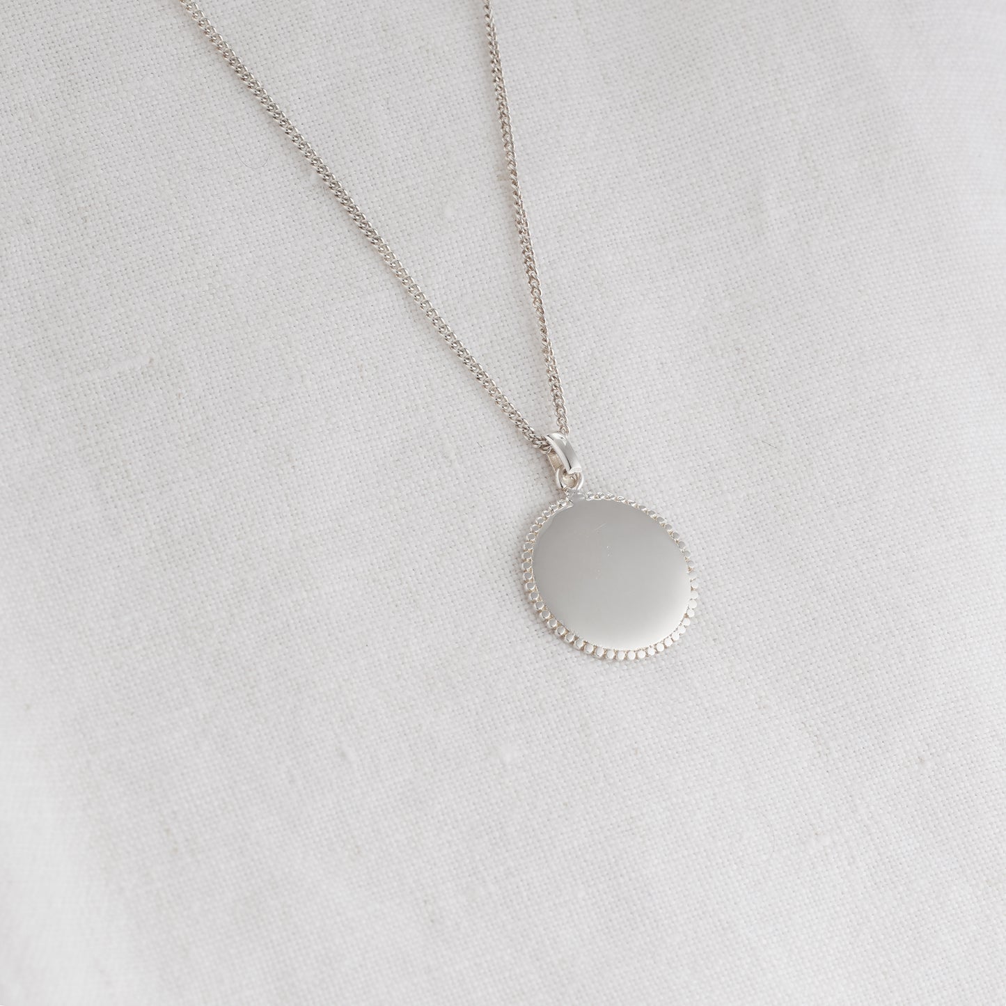 Sterling Silver Dotted Edge Engraving Disc Necklace