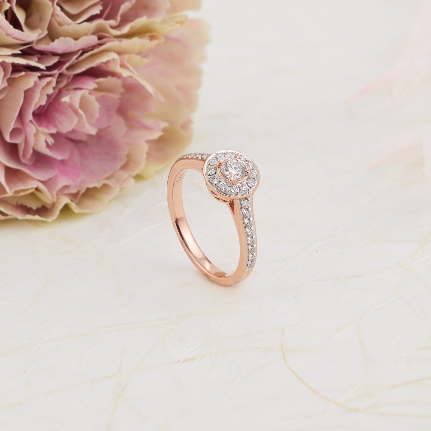 9K Rose Gold Round Brilliant Diamond Bead-Set Halo Engagement Ring 0.53tdw