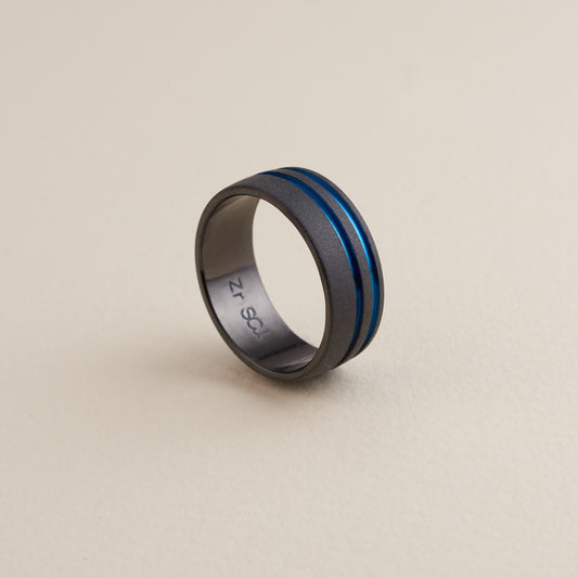 Black Zirconium Offset Double Blue Inlay Ring