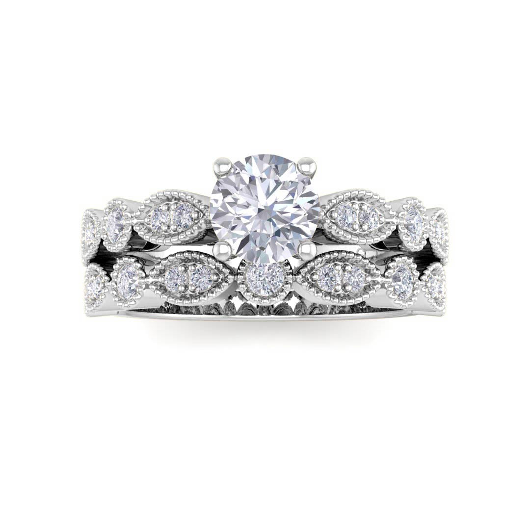 Platinum Round Brilliant Diamond Milgrain Bridal Set 0.75tdw