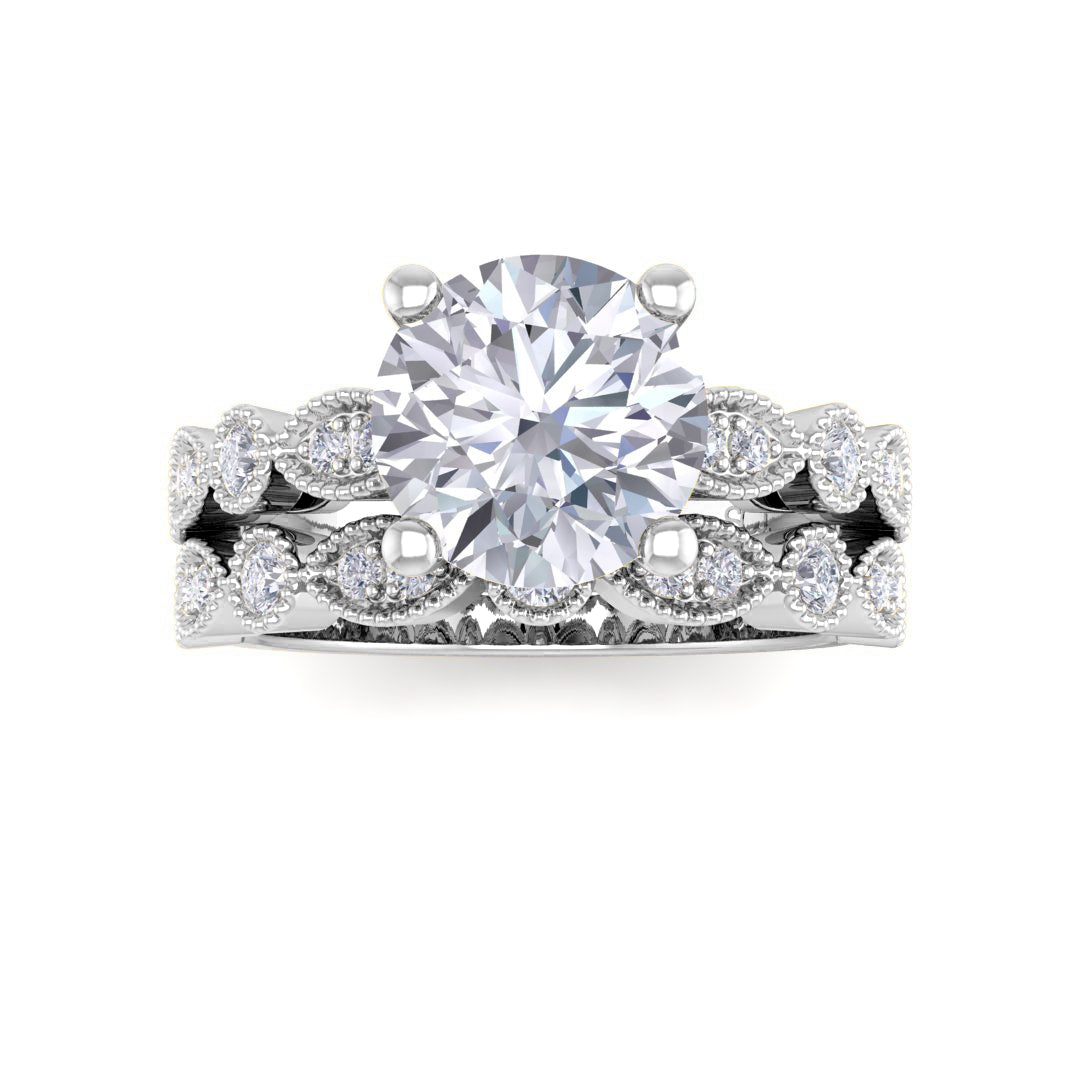 14K White Gold Round Brilliant Diamond Milgrain Bridal Set 1.75tdw