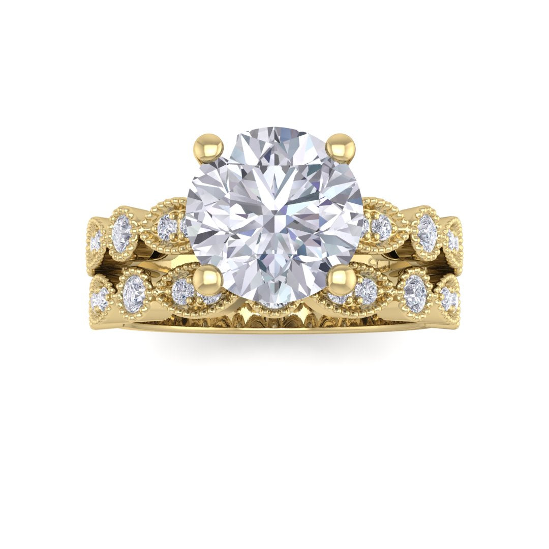 18K Yellow Gold Round Brilliant Diamond Milgrain Bridal Set 2.25tdw