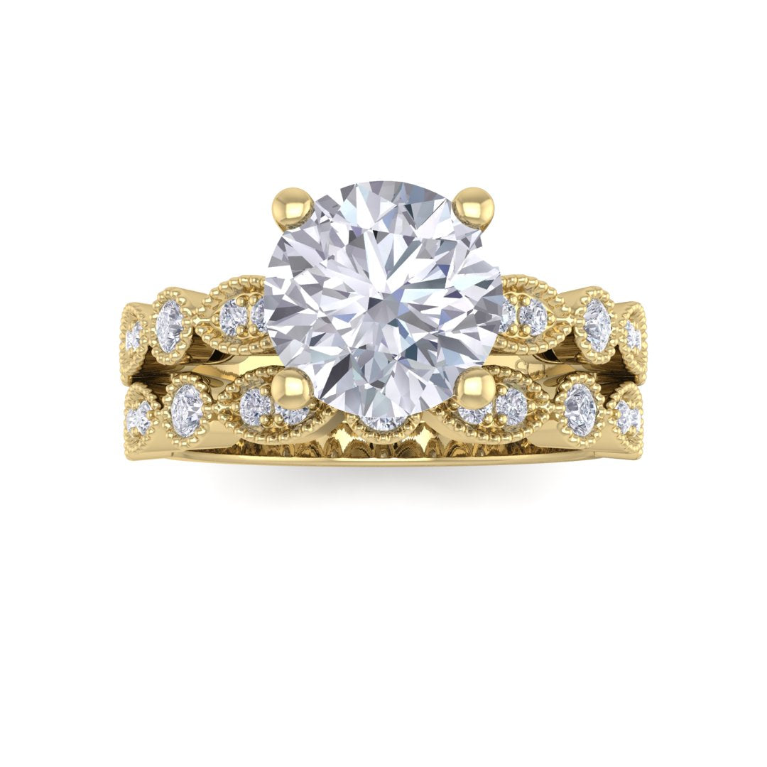 18K Yellow Gold Round Brilliant Diamond Milgrain Bridal Set 1.75tdw
