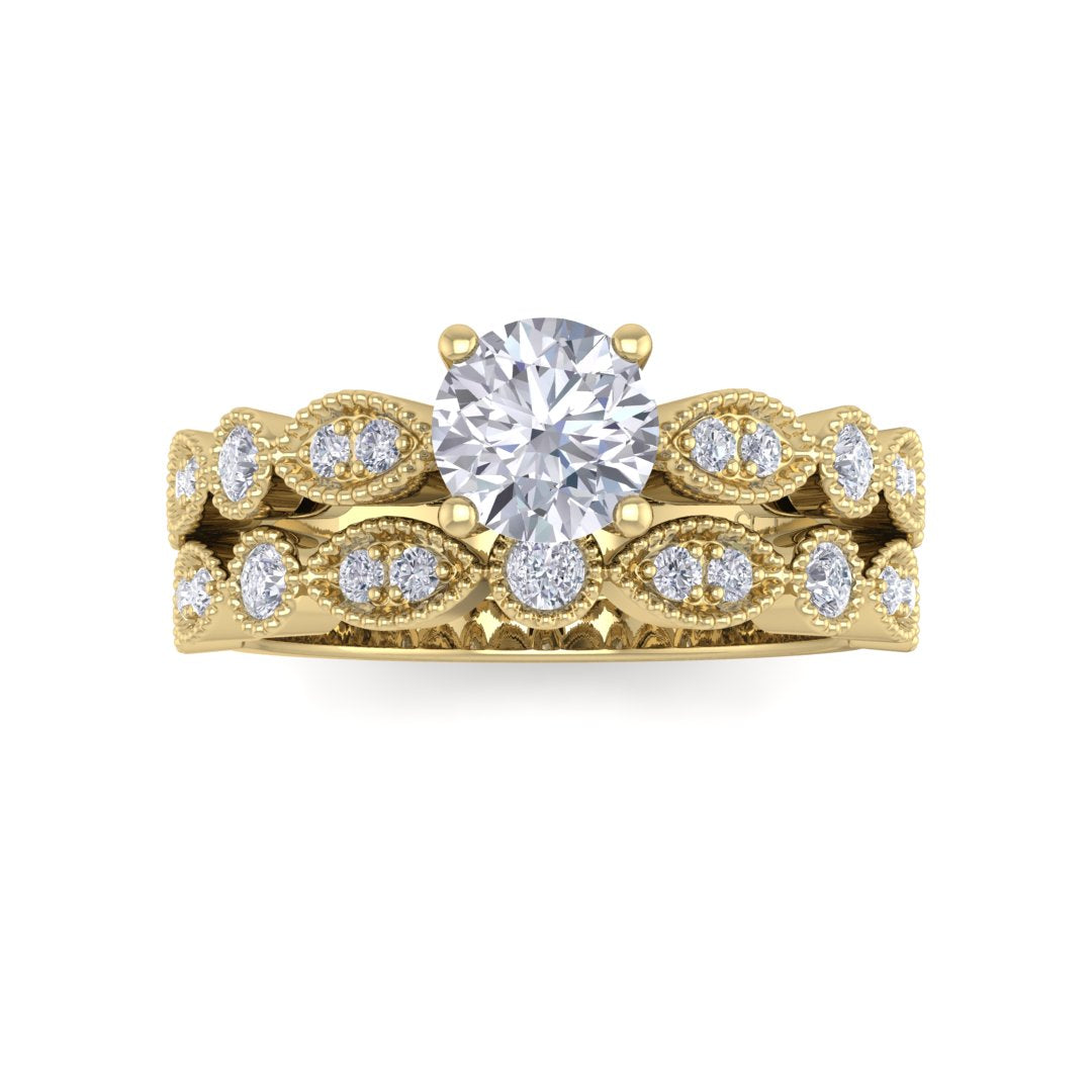 18K Yellow Gold Round Brilliant Diamond Milgrain Bridal Set 0.75tdw