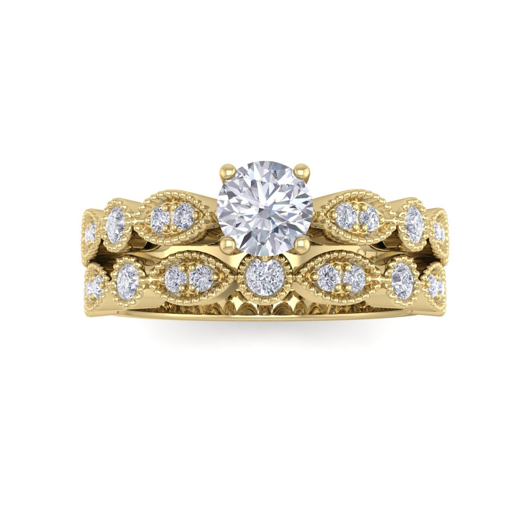9K Yellow Gold Round Brilliant Diamond Milgrain Bridal Set 0.58tdw