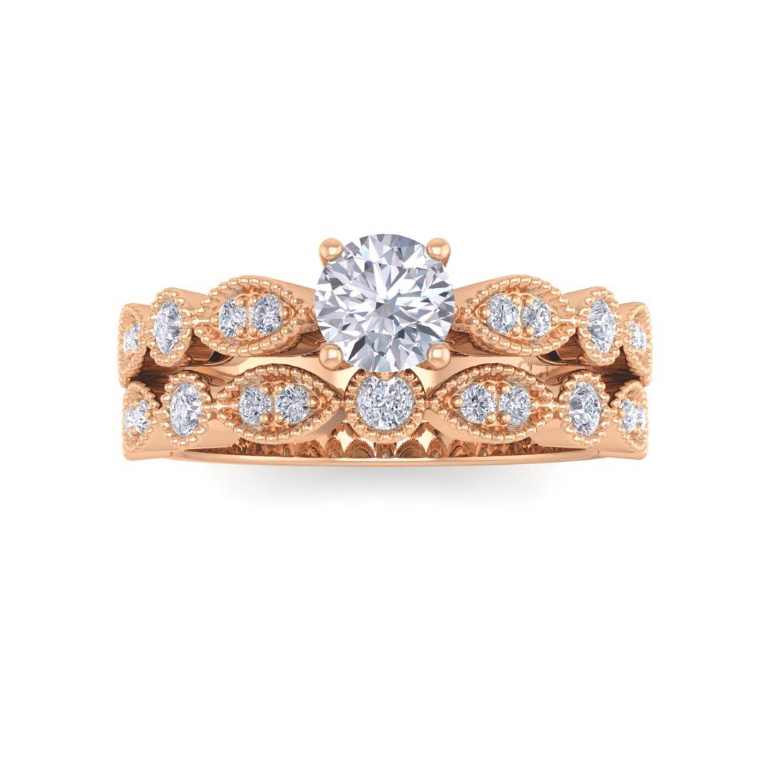 9K Rose Gold Round Brilliant Diamond Milgrain Bridal Set 0.58tdw