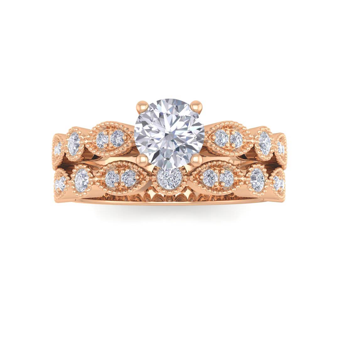 9K Rose Gold Round Brilliant Diamond Milgrain Bridal Set 0.75tdw