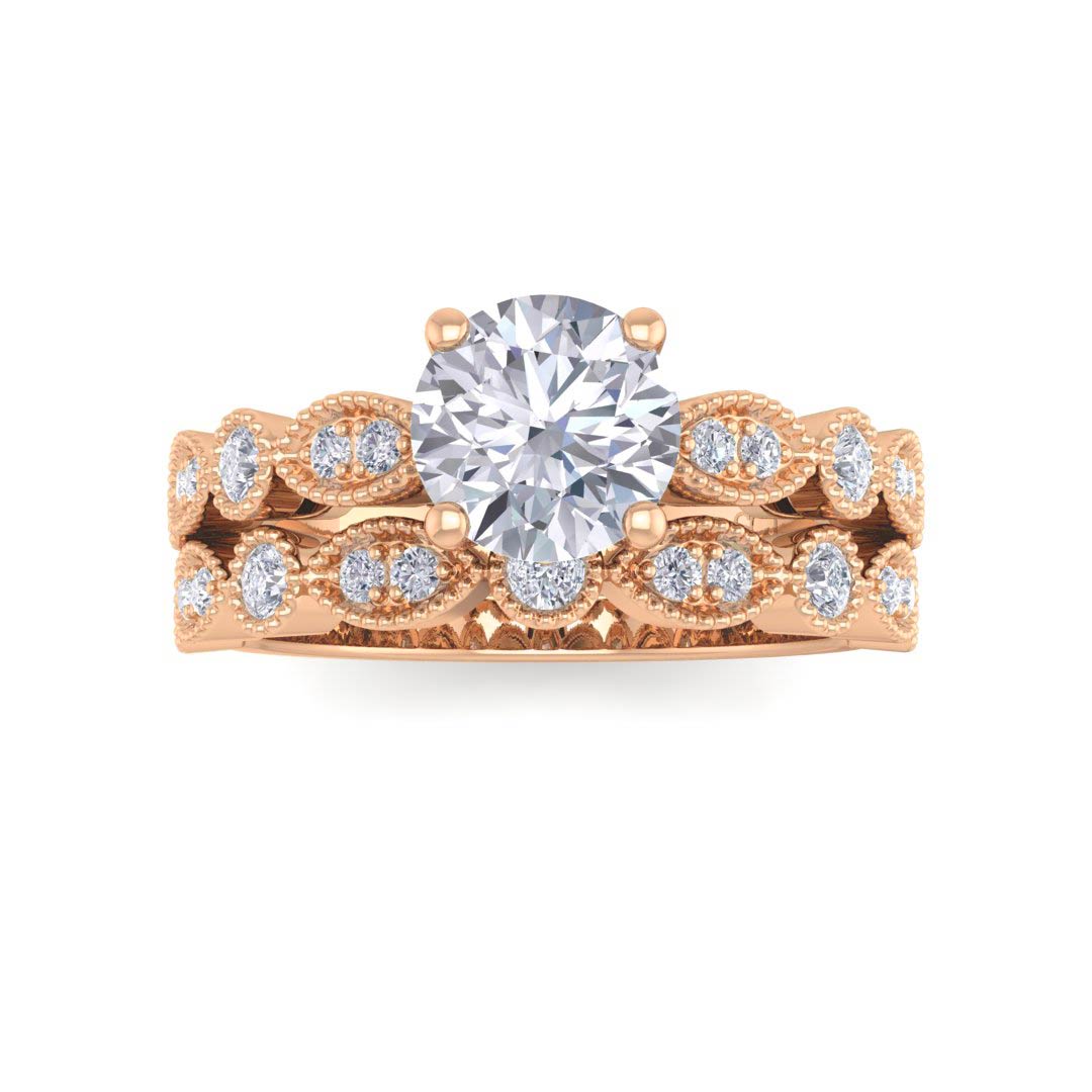 14K Rose Gold Round Brilliant Diamond Milgrain Bridal Set 1.0tdw