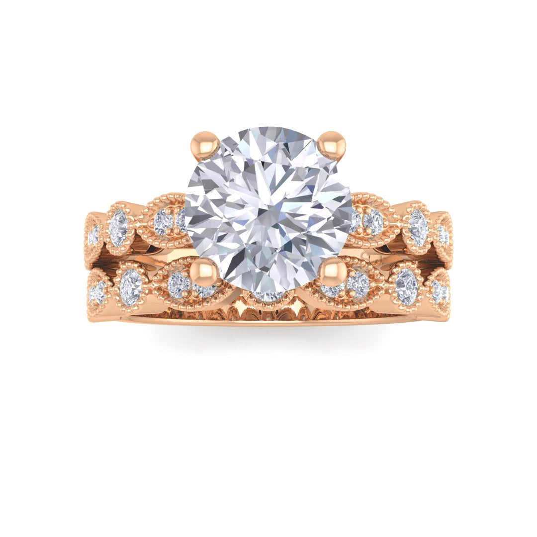 18K Rose Gold Round Brilliant Diamond Milgrain Bridal Set 1.75tdw